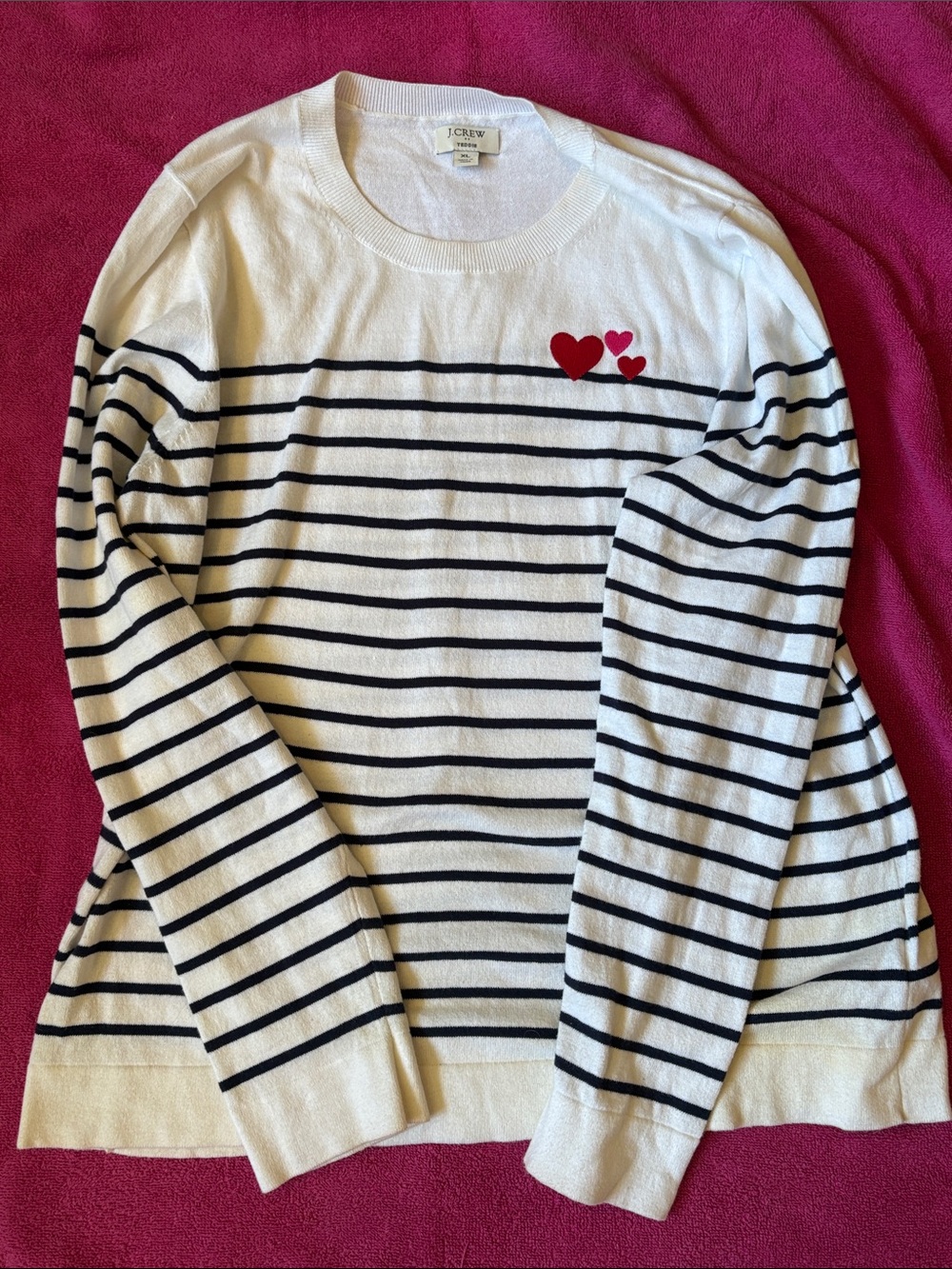 J. Crew White Striped Sweater with Red Heart Accents